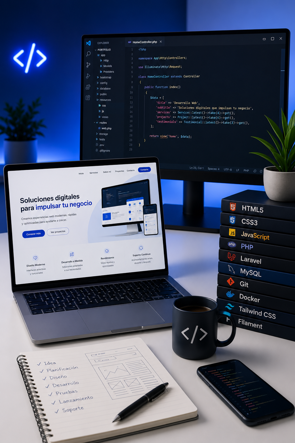 Espacio de desarrollo web con pantallas, código y herramientas para crear proyectos digitales